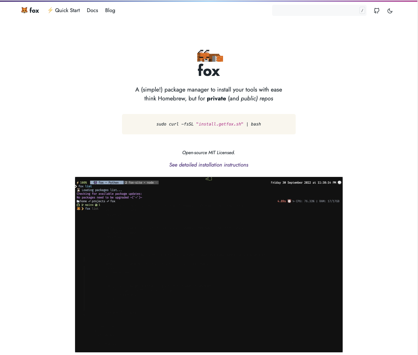Screenshot of fox | A (simple!) package manager for private repos project